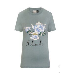 Joanie "I Love Tea" Blue Graphic Tee with Tea Set Design Size XS Cotton